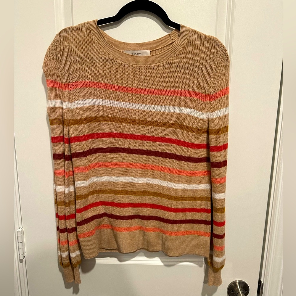 LOFT Camel Multicolor Striped Crewneck Sweater